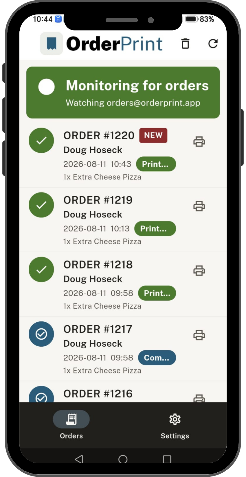 OrderPrint mobile app automatically prints your orders for free